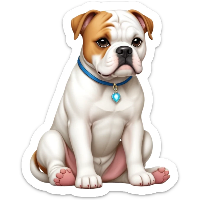 cinematic-[american bulldog]-realistic-full-body-sitting-emoji,-tail-resting-loosely-beside-its-paws,-head-tilted-dramatically,-sleek-[solid white]-fur,-simplified-yet-realistic-focused-features,-highly-detailed,-glowing-with-an-almost-sarcastic-glow sticker