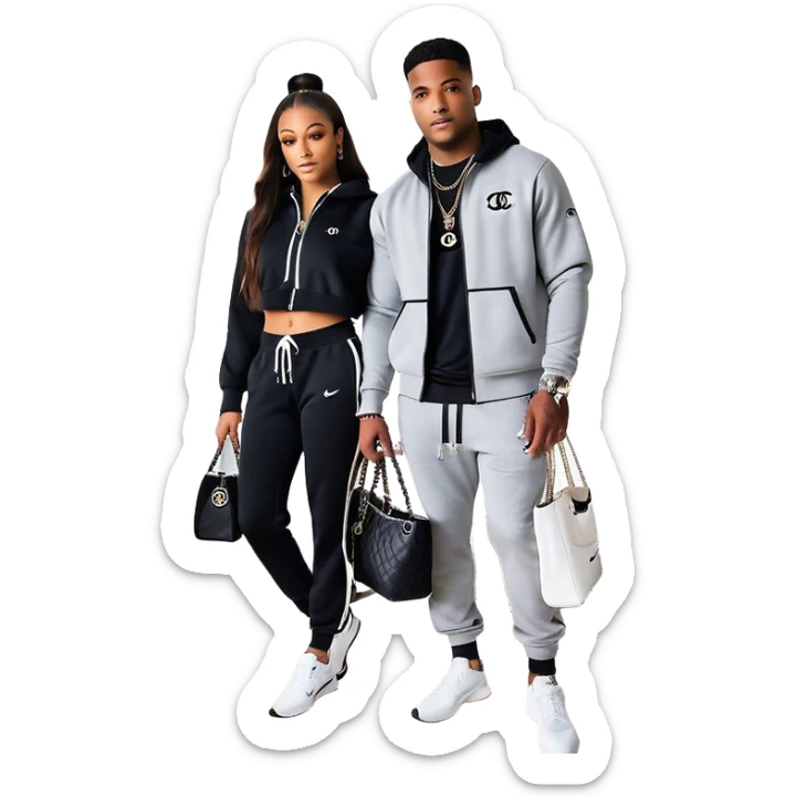 Man living his dream standing in the master bedroom of a mansion. He’s boo’d up with a pretty Brownskin big booty woman wearing a Chanel outfit with her holding a Chanel bag. The man has on a Nike Tech Fleece sweatsuit. The man isn’t holding a bag sticker