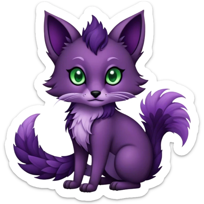 Kawaii dark edgy dark deep purplish with dark green eyes fantasy feline-vernid-sergal-fursona animal creature with a tufted tail full body with intricate markings  sticker