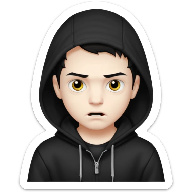 Vampire boy with the short black hair, pale scin, black eyes, little fangs and dark circles under his eyes. He has serious face and he wear a black hoodie sticker
