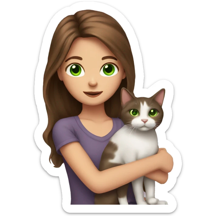 Girl with long brown hair and green eyes holding a cat sticker