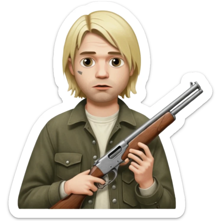 Kurt Cobain holds a double-barreled shotgun with the barrel in his mouth sticker