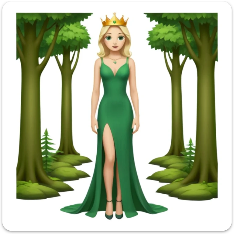 Queen, crown, blonde hair, green eyes, long green tight dress, decoltee,  Leg slit, whole Body, Background forest  sticker