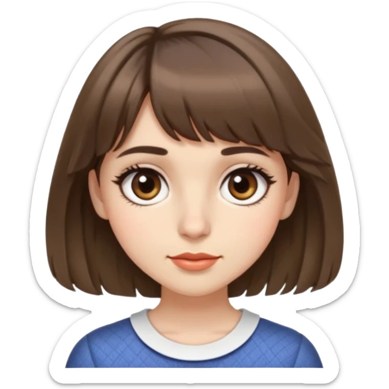 A girl with short brown wavy hair, layered bangs on the sides, my eyebrows are straight, my eyes are a little drawn out and a little big, my eyelashes are a little long, my eyes are brown, my nose is normal and my mouth is normal. I want her to wear a short skirt.  sticker