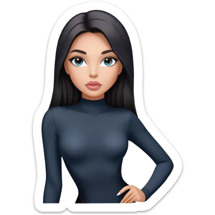 Glamours, tanned, very beautiful girl, with big pump peach-beige-rose lips, long long lashes, black straight smooth silky long hair, straight parting hair, blue-grey eyes in black long-sleeves bodysuit sticker