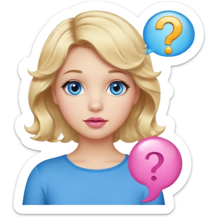 Girl Blonde short wavy hair,  blue eyes, cute blue top, long lashes, pink lips, question mark bubble sticker