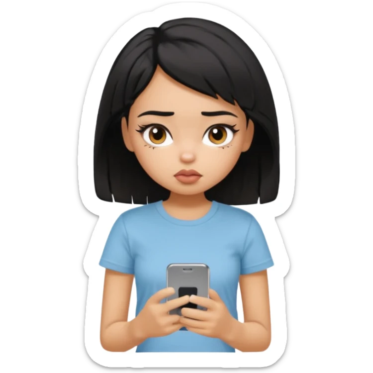 generate a pretty bratz girl with short black messuy hair, looking tired and using her phone sticker