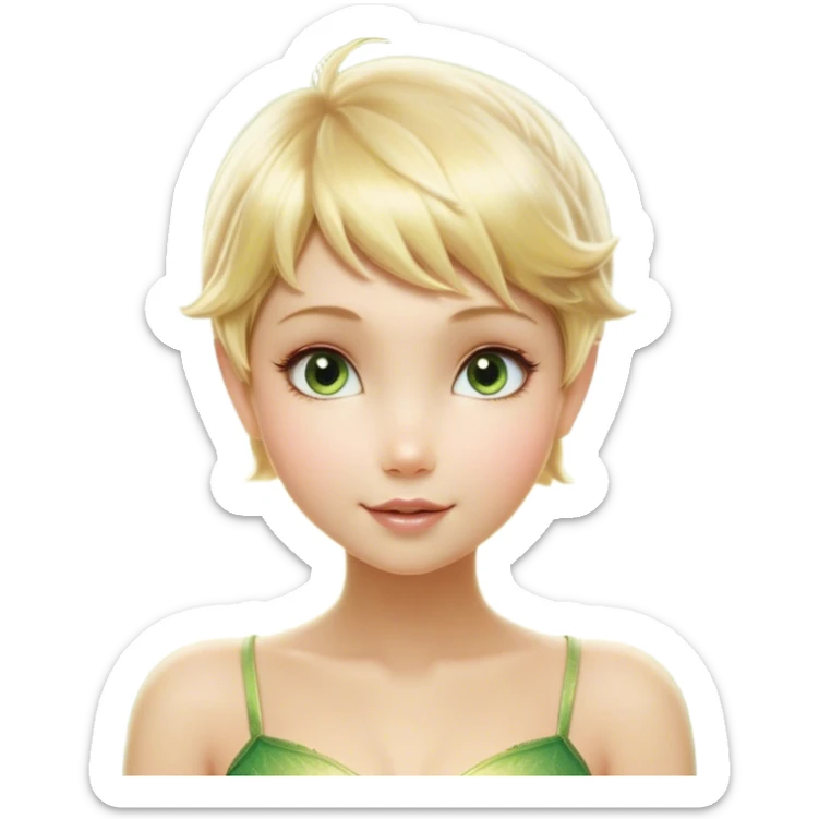 Cinematic Realistic Blonde Tinker Bell Fairy Portrait, depicted with lifelike, delicate skin glowing with a subtle radiant aura, soft natural lighting accentuating her gentle features, and intricately detailed golden blonde hair styled in a whimsical pixie cut. Her iridescent, translucent wings shimmer with delicate fairy dust, and her expressive, sparkling eyes reflect a world of magic. Adorned in a subtle blend of woodland greens and soft pastel accents, the portrait exudes an enchanting glow that seamlessly merges realism with fairy charm. sticker
