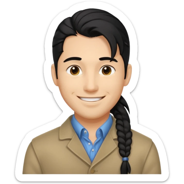 black long pony tail hair man with polite outfit smile warmly sticker