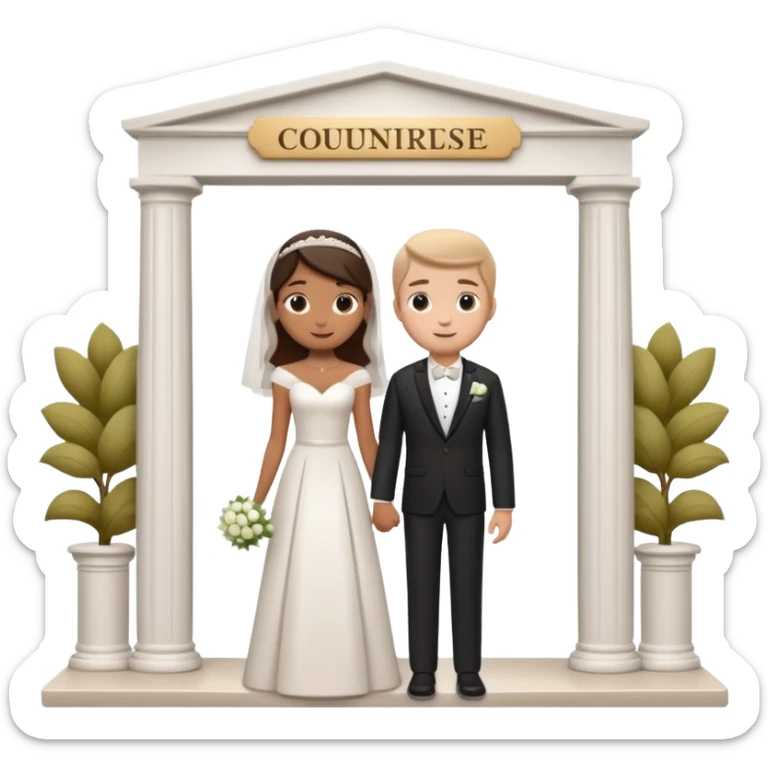A 3D cartoon courthouse wedding venue with a bride and groom standing at the entrance, elegant white columns, soft natural lighting, simple modern decor, minimal background, realistic Memoji-style rendering. sticker