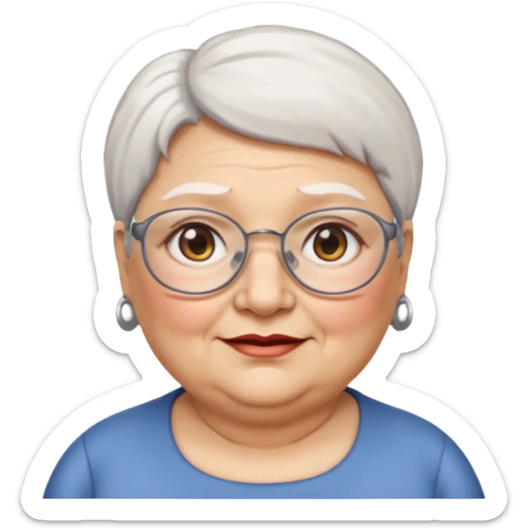 Create me emoji of an old fat lady. Short white hair to left side. Square glasses. Brown eyes. Rounded really big and really wide face. Wide nose.  sticker