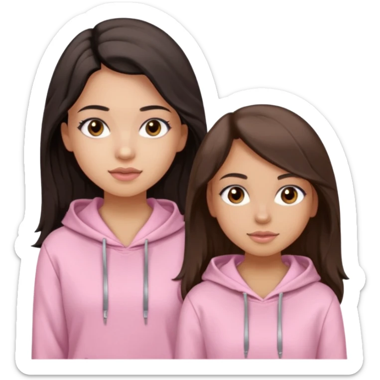 A pretty girl with light skin and long straight black brown hair, wearing a very light pink basic hoodie with brown eyes and makeup and a round face with another girl who is taller with an oval face, tan skin and very wavy brown hair, and a light pink basic shirt sticker
