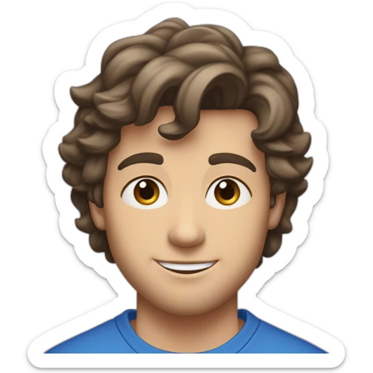 blue eyed, good looking Caucasian, athletic male with dark brown clean cut hair, wearing a blue sweatshirt sticker