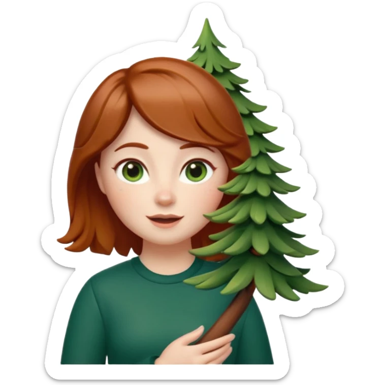 Style memoji iphone. Un petit sapin vert sylvestre, féminin, regard malicieux, tâches de rousseurs délicates, joues roses. Yeux de biche brillants en forme amande, yeux couleur ambre, tronc couleur acajou. Sapin en mouvement, incurvé pour un effet vivant. sticker