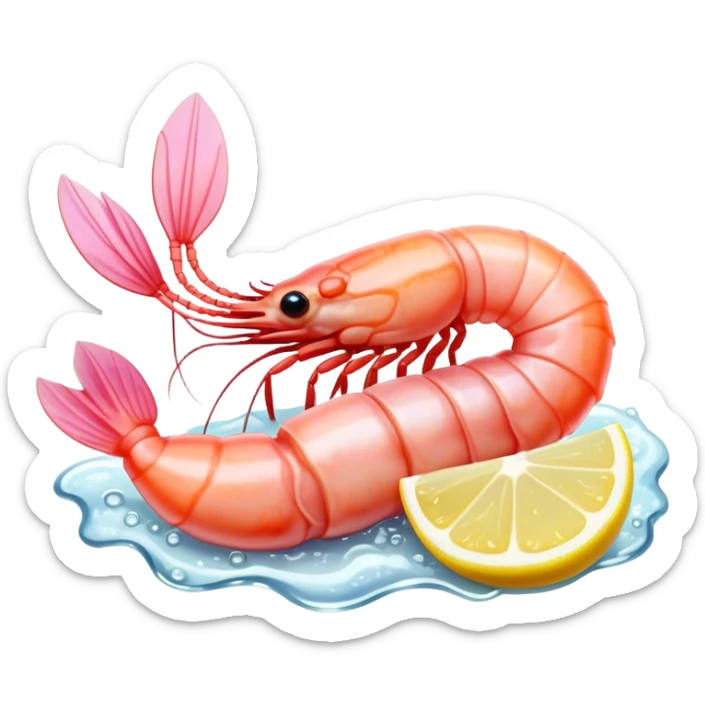 Cinematic glistening shrimp, pink and juicy, slightly curled with a light char, served with lemon wedges, ultra-detailed and fresh, warm glowing background. sticker
