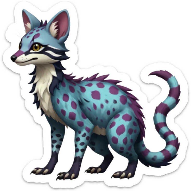 Feral Rare Fantasy dark colorful Vernid-Sergal-Genet-Trico-species by LiLaiRa, random markings, tufted tail, tufted ears, full body sticker