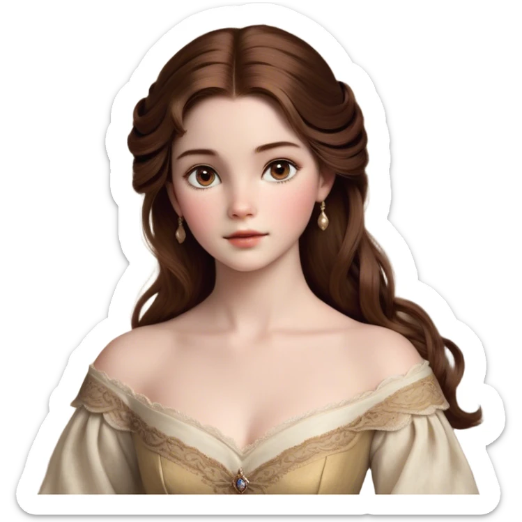 Cinematic Realistic Belle Portrait, depicted with lifelike skin texture, soft natural lighting, and intricately detailed brown hair styled elegantly. Her deep, expressive eyes exude warmth and intelligence, complemented by a serene and graceful expression. She is dressed in her classic attire, with rich fabric textures and delicate folds that catch the light beautifully. The portrait features a soft, enchanting glow with a natural, radiant finish, capturing the essence of timeless beauty in a realistic and painterly style, evoking a sense of depth and authenticity. sticker