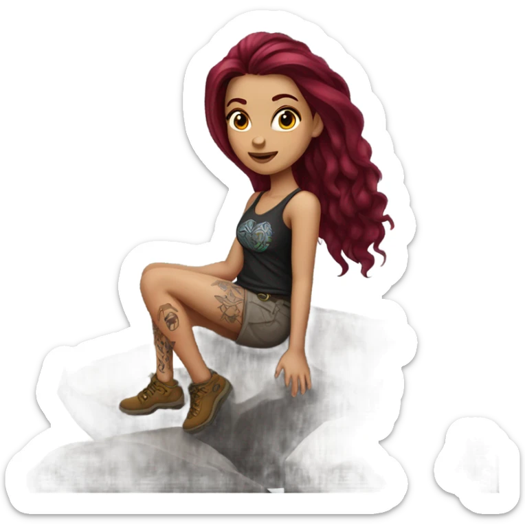 Beautiful tattooed woman long burgundy hair climbing rocks sticker