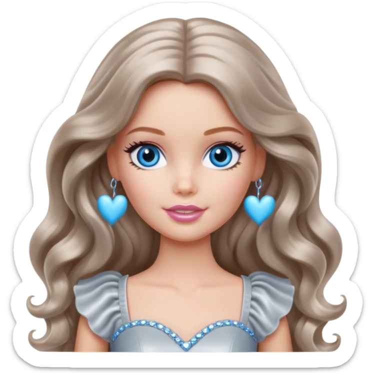 There are grey hearts all around Barbie girl Chestnut long wavy hair and blue eyes is In pale silver clothes sticker