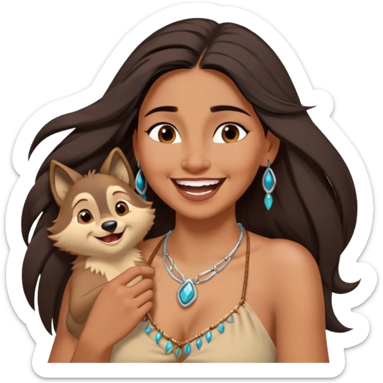 Cinematic Adorable Pocahontas Portrait Emoji, Laughing softly as Meeko tugs at her necklace, hair tousled in the wind, eyes full of warmth, a carefree spirit shining through, capturing the essence of beauty and playfulness! sticker