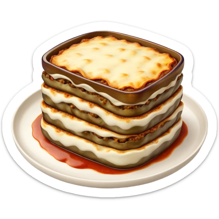 Cinematic Realistic Moussaka Dish Emoji, depicted with layers of eggplant, minced meat, and b√©chamel sauce rendered with rich textures and warm, inviting lighting that captures its Mediterranean flavor. sticker