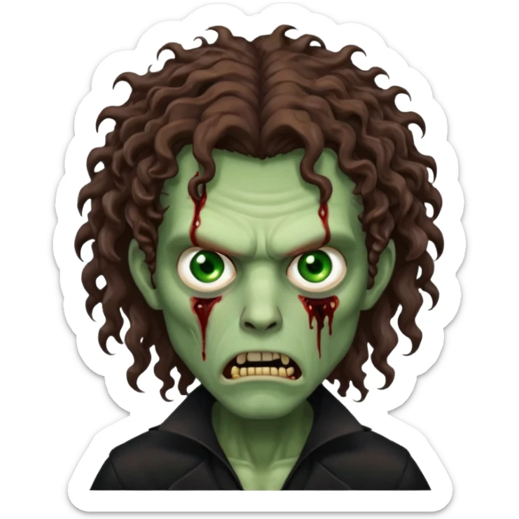 long curly haired male zombie with brown hair color and green eye color, with dark vampire clothes and angry face emotion sticker