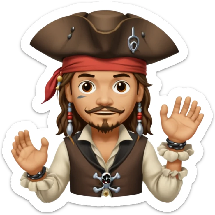 jack sparrow from the film pirates of the caribbean, shooo-ing the stone-crab.
- jack is sideways, mimicing to the left
 sticker