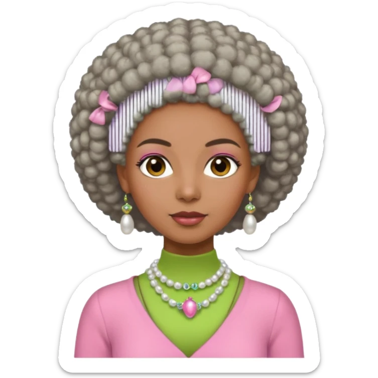 Brown woman with short gray Afro  wearing pink and green outfit and pearl necklace  sticker