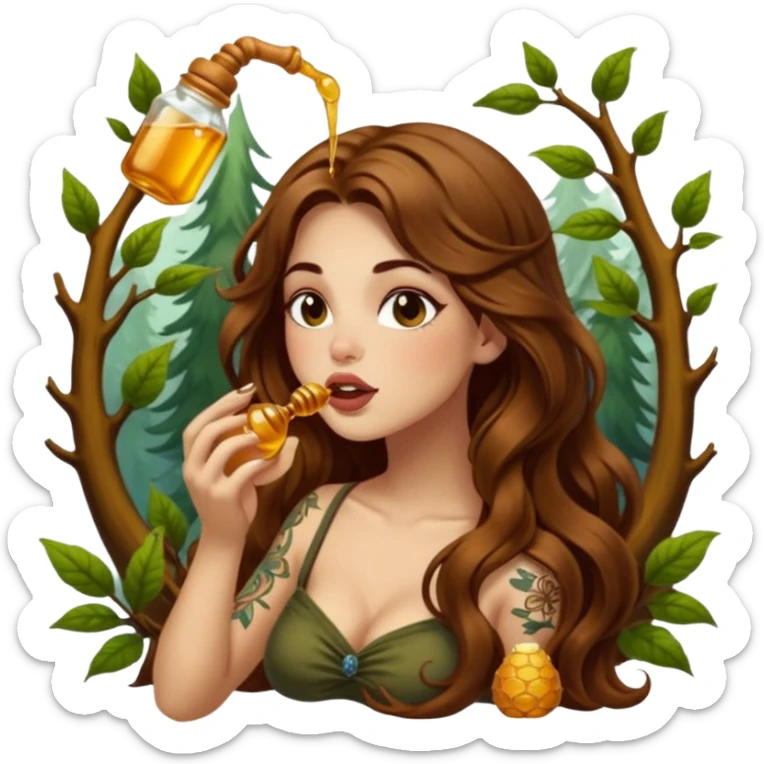 forest mystic woman long wavy brown hair tattoos licking honey from finger flirty sticker