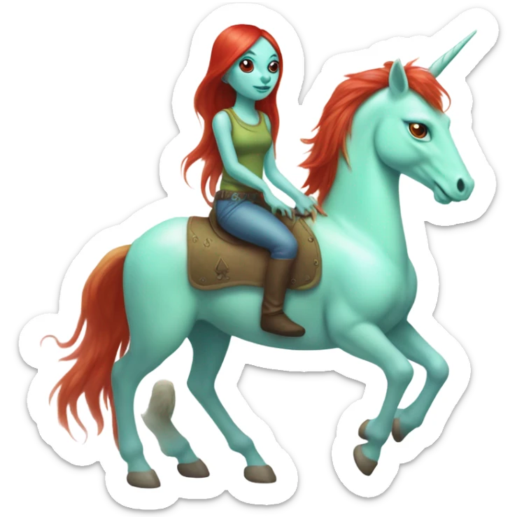 [politically incorrect
	{ female: alien, color: light green, hair:red, eyes:cat} ]
	on a 
	[{ unicorn: white, legged:four, mane: light blue }] sticker