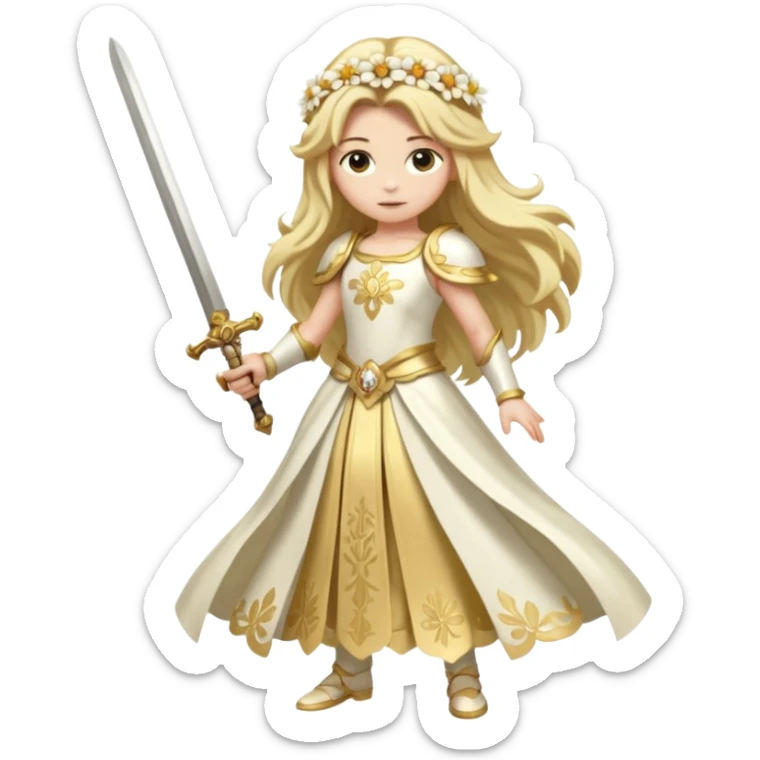 Lumine (from Genshin Impact) White and golden clothes, blonde, long-haired, with a big flower hair clip, and wielding a sword (full body) sticker