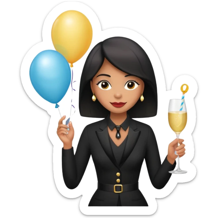 Emoji-style illustration of a funny woman in black funeral outfit holding a prosecco glass, balloon with number 29, ironic birthday funeral theme, playful expression, flat emoji design, pastel tones, high resolution sticker
