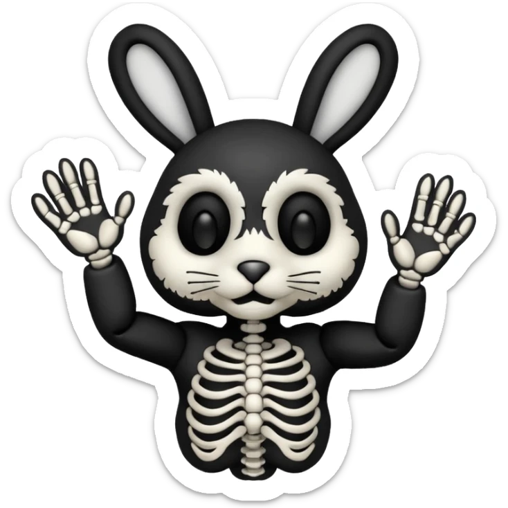 Emoji tête de peluche Lapin squelette noire qui fait bonjour de la main  sticker
