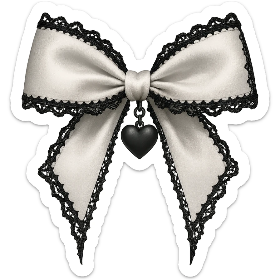 Edit the image to depict a white gothic bow with black lace trim and a heart charm, in a general style. Remove the background. sticker