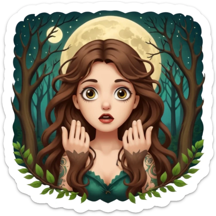 shocked forest mystic woman long wavy brown hair tattoos wide eyes moon glow sticker