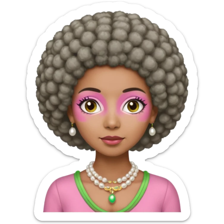 Brown woman with short gray Afro  wearing pink and green outfit and pearl necklace  sticker