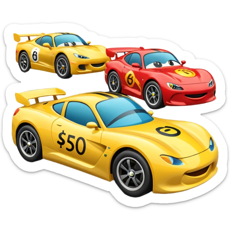 Two emoji-style cars racing toward a finish line labeled “$20K”, one labeled “$500/mo” and the other “$1000/mo”, energetic motion and speed lines sticker