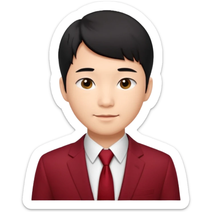 handsome Asian man emoji, short black hair with soft fringe, clean and elegant look, fair skin, gentle smile, wearing dark red suit and white shirt sticker