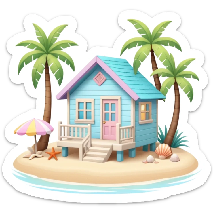cute beach house, small seaside house, wooden walls, pastel colors, palm trees, seashells, warm sunlight, 3D cartoon, mobile game icon style, soft shadows, clean background, no text, no watermark
 sticker