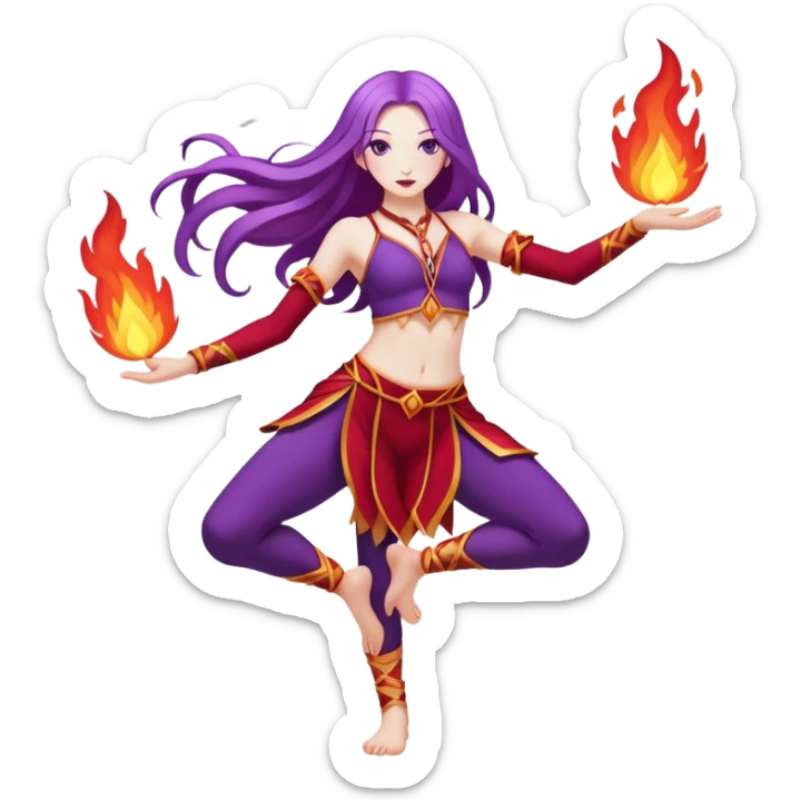Full body Poi fire dance performer pale skin with long purple hair red clothes sticker