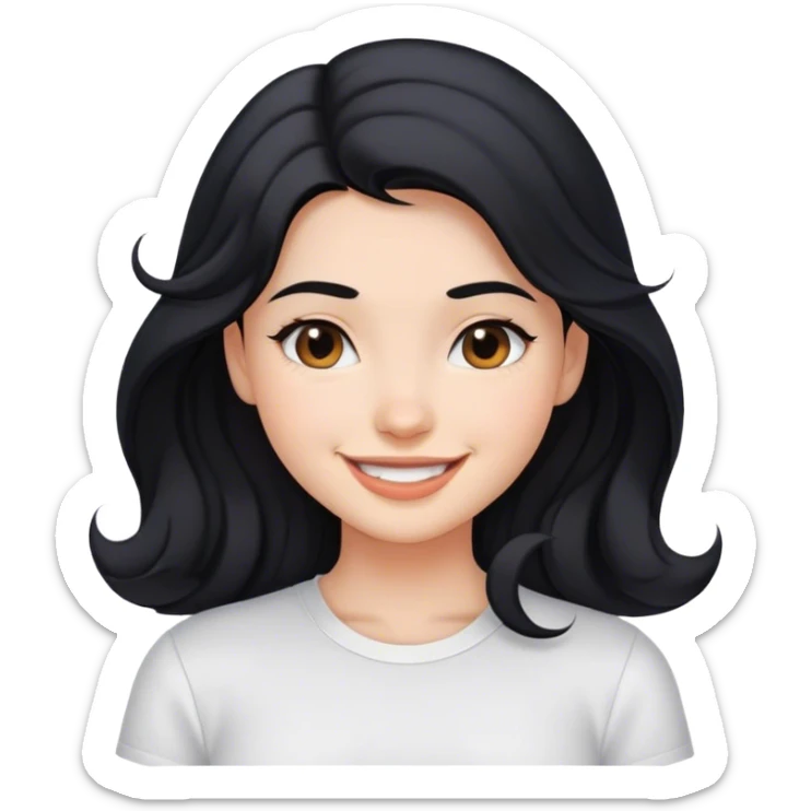 girl with her black hair below her shoulders and soft waves in her hair, smile, white shirt sticker