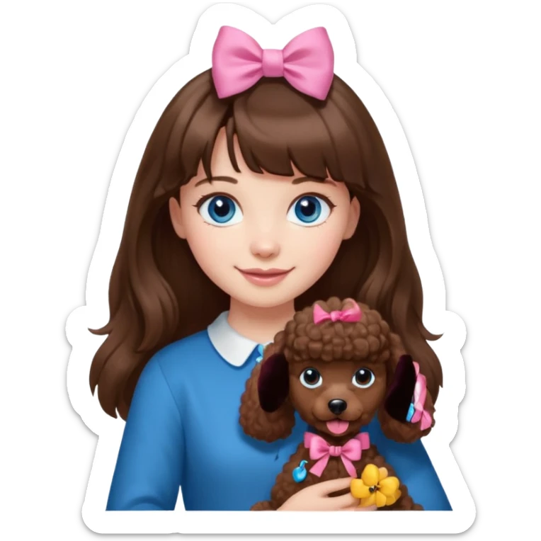 dziewczyna, długie brązowe włosy z grzywką i niebieskie oczy trzyma na rękach brązowego pudelka z różową sticker