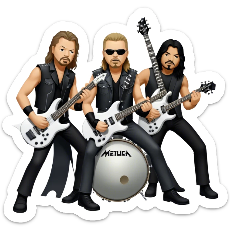 Icon for Metal Music: Metallica band members detailed in their signature look. James Hetfield with guitar, Lars Ulrich on drums, Kirk Hammett with his electric guitar, and Robert Trujillo playing bass. Bold, energetic style with musical notes, all in a heavy metal aesthetic. Transparent background. sticker