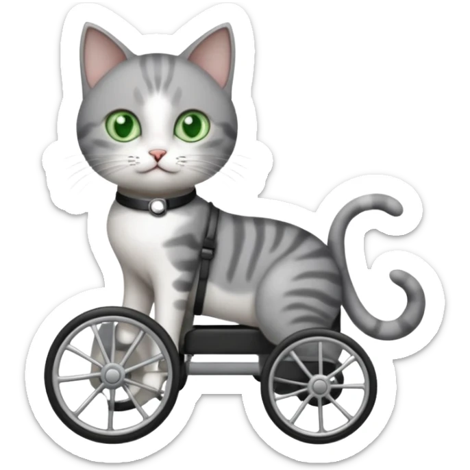 full body small short hair dark grey and white cat with green eyes walking in a wheelchair for cats sticker