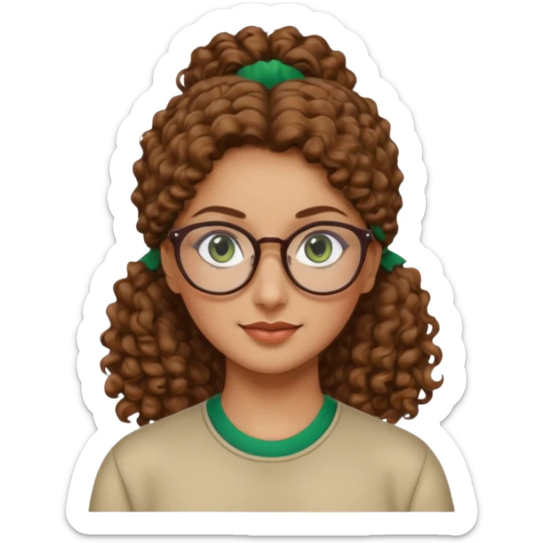 iranian woman, tight curly light brown hair in pony tail, glasses, green eyes, pretty, oval shape face sticker