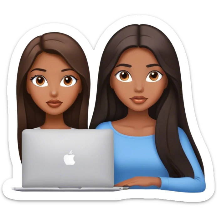 Glamours tanned very beautiful girl with pump natural peach lips and dark chocolate straight smooth long hair, blue-grey eyes with MacBook sticker