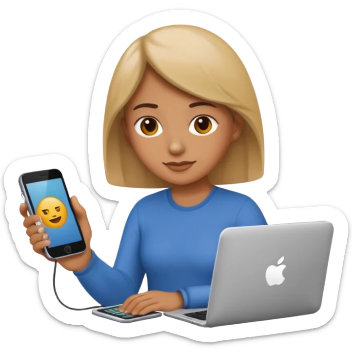 persona con el teléfono y la computadora al mismo tiempo, estilo emoji de Apple sticker