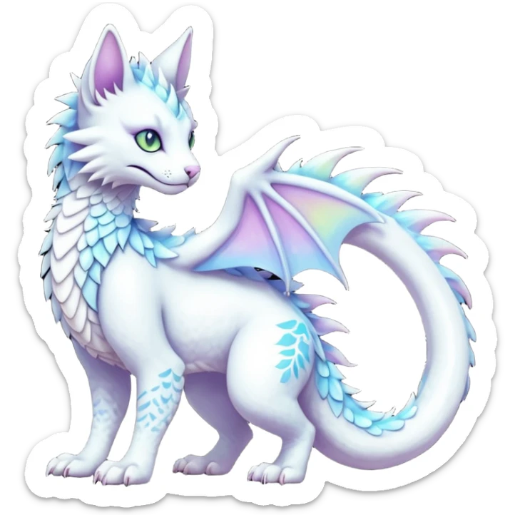 Kawaii white pastel iridescent beautiful pretty elegant divine edgy fantasy feline-vernid-sergal-Haku-dragon-fursona animal creature with a tufted tail full body with intricate markings  sticker
