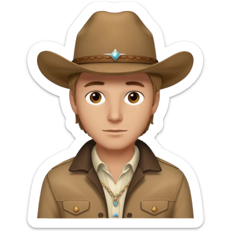 Ennis Del Mar (Male) from Brokeback Mountain with brown eyes, dark blonde hair, ivory shirt, brown jacket and cowboy hat sticker