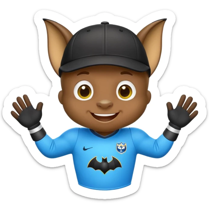 Cheeky little bat mascot for FC Rostov football club, wearing black goalkeeper cap like Lev Yashin, in yellow and blue team colors, mischievous expression, cute bat with big smile sticker